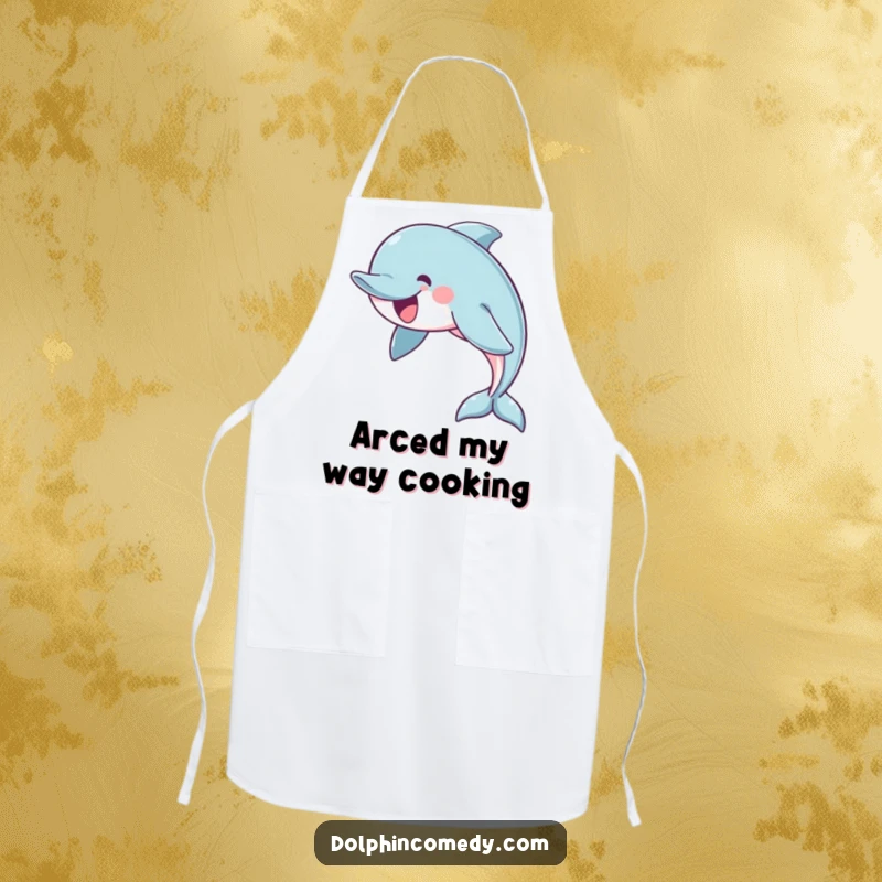 Funny kitchen apron illustrated with a cheerful dolphin swimming in a graceful arc, adding elegance to cooking.