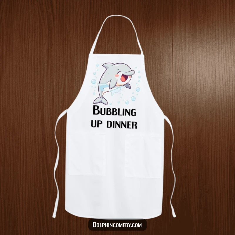Funny kitchen apron illustrated with a delighted dolphin excitedly chasing a stream of bubbles, adding fun to cooking.