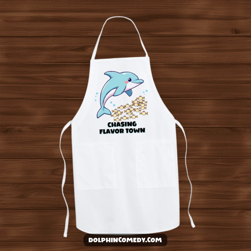 Funny Apron: A dolphin playfully chases fish, bringing playful and humorous energy to your kitchen attire.