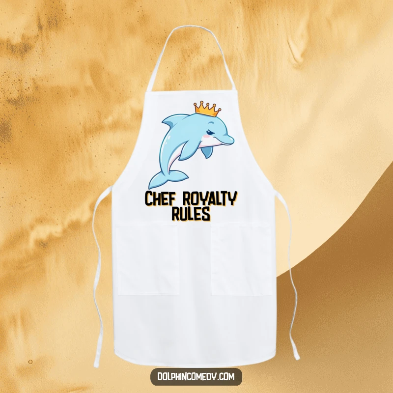 Funny royal dolphin apron displaying a dolphin with a small crown, swimming gracefully in an arc while cooking.
