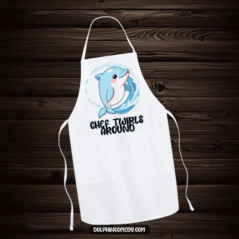 Funny Dolphin Apron depicting a playful dolphin twirling in a wave with sparkling eyes, ideal for kitchen fun.