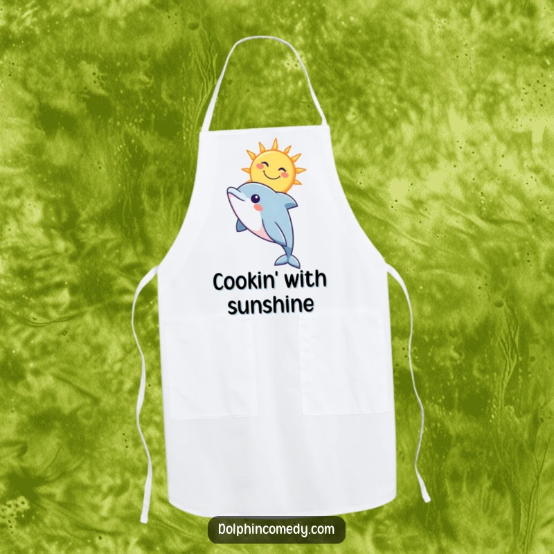Funny apron with a curious dolphin looking up at a stylized, smiling sun, perfect for sunny kitchen moments.