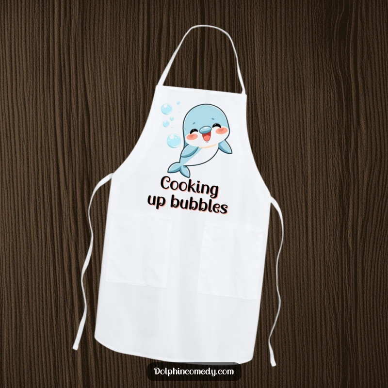 Funny happy dolphin apron, blowing delightful bubble rings, practical and cheerful, perfect humorous gift for chefs.