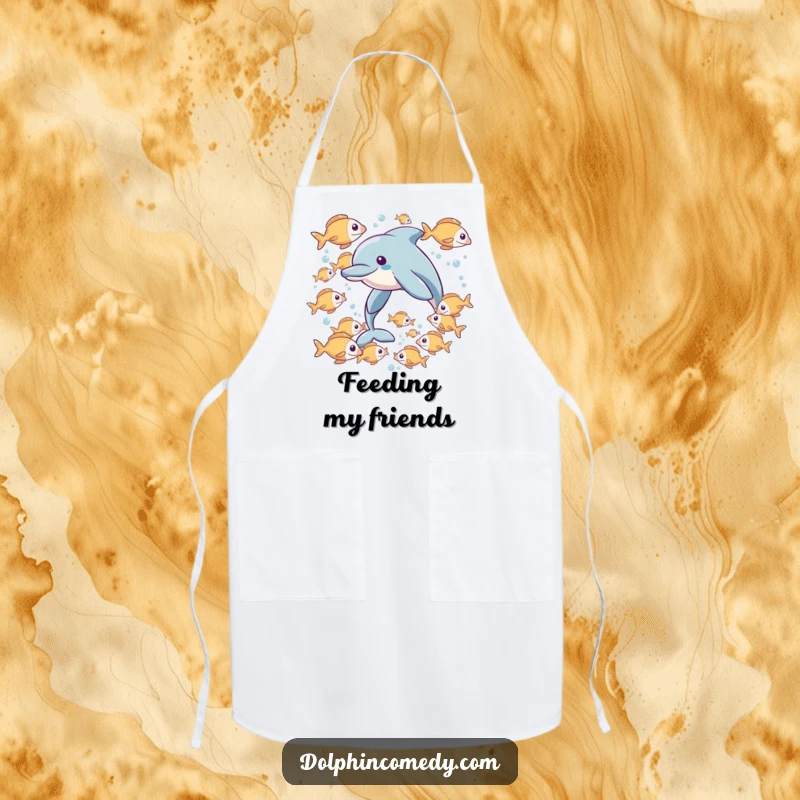 Funny apron design featuring a dolphin swimming with a school of fish, perfect for bringing ocean fun to the kitchen.