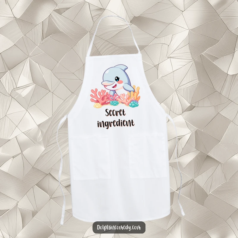 Funny dolphin with a wide, inviting smile peeking from behind a detailed coral reef, a humorous apron for kitchen adventures.