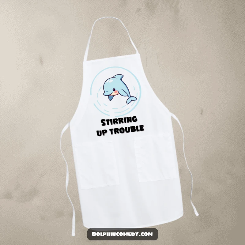 Funny Kitchen Apron depicting a playful dolphin creating water ripples as it swims in a circle, perfect for cooking enthusiasts, a humorous funny gift.