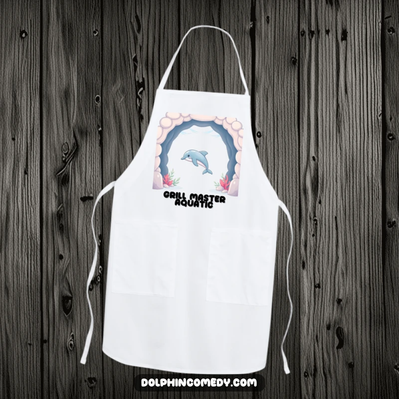 Funny Dolphin Apron showing a sleek dolphin swimming through an underwater archway, a humorous and practical garment for cooks.