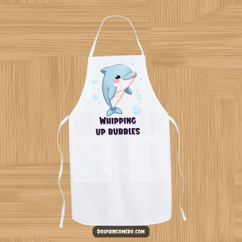 Funny dolphin apron showing a playful dolphin with a wide-eyed gaze, delightedly chasing a trail of buoyant bubbles while cooking.
