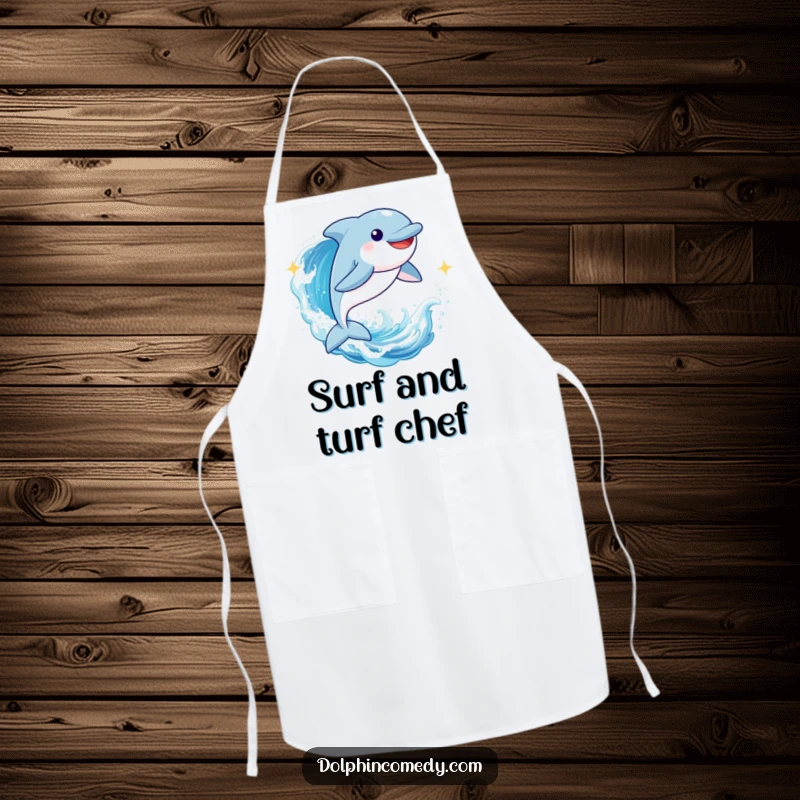 Funny Dolphin Apron: A joyful dolphin character leaping through a sparkling wave, a humorous and functional kitchen accessory.