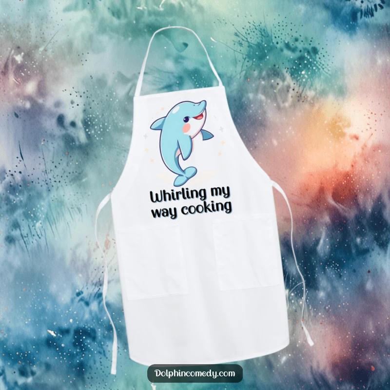 Funny kitchen apron illustrated with a dolphin performing a joyful spin, making cooking a delightful and humorous experience.