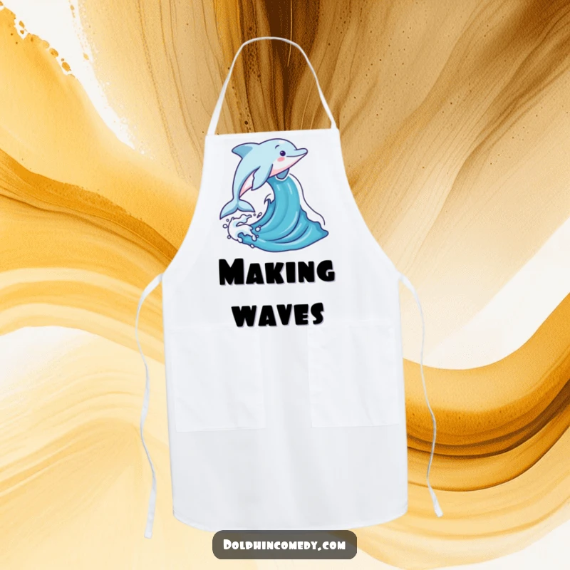Funny dolphin leaping joyfully out of a stylized ocean wave, worn on a kitchen apron for a humorous cooking experience.
