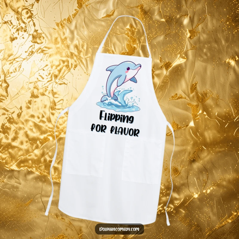 Funny apron with a dolphin joyfully breaching the water, bringing a sense of fun and celebration to the kitchen.