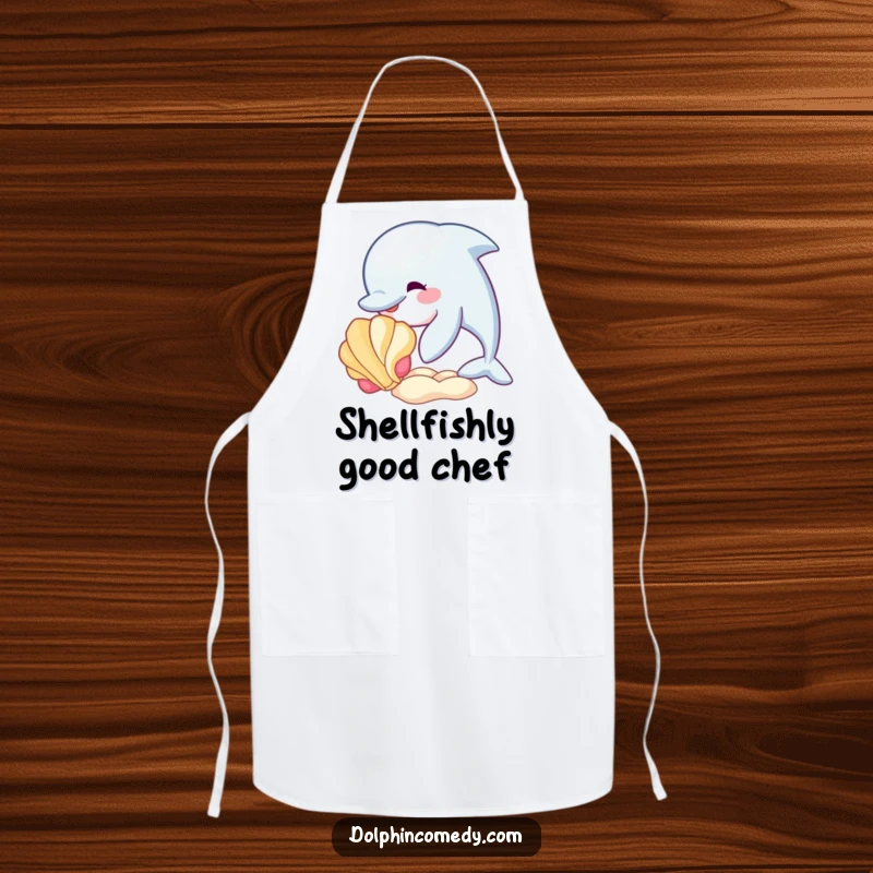 Funny apron design featuring a dolphin playfully nudging a seashell, ideal for adding humor to kitchen tasks.