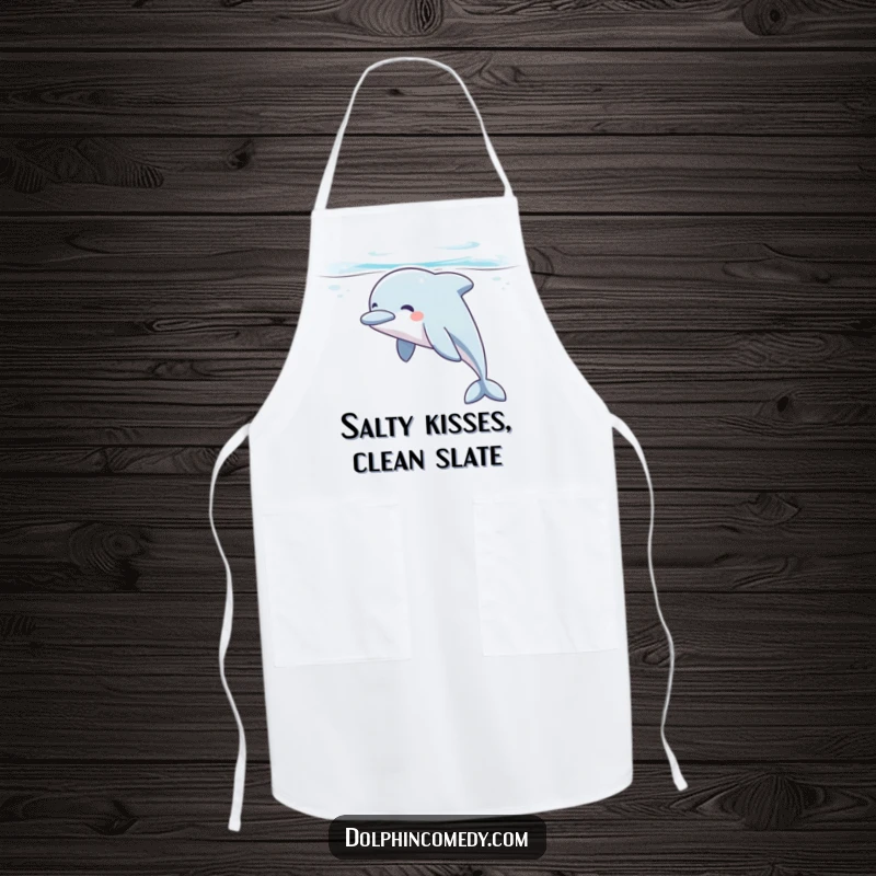 Funny dolphin apron showing a contented dolphin sighing peacefully while gliding underwater, perfect for humorous and protective kitchen wear.