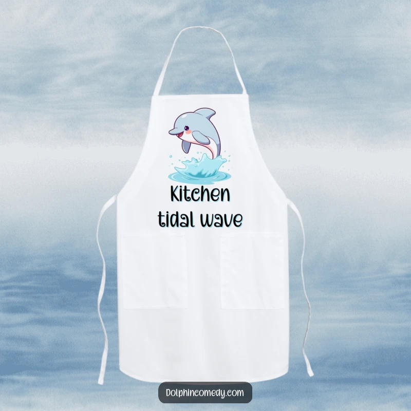 Funny dolphin apron designed for kitchen fun, showing a dolphin leaping with a splash, perfect for ocean-loving cooks.