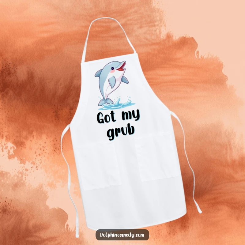 Funny Dolphin Kitchen Apron: An excited dolphin catches a fish mid-air, bringing energy to cooking, a practical and funny gift.