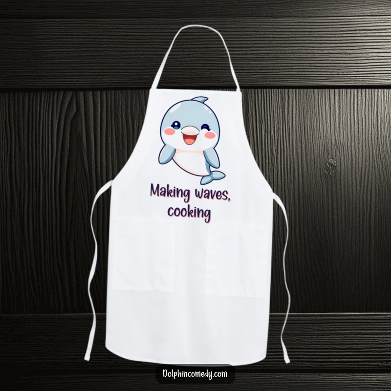 Funny Kitchen Apron depicting a friendly dolphin with a wide, welcoming smile, perfect for chefs and home cooks, a humorous funny gift.