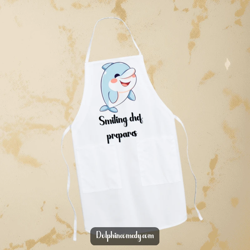 Funny friendly dolphin apron showing a dolphin with a wide, welcoming smile, great for kitchen activities.