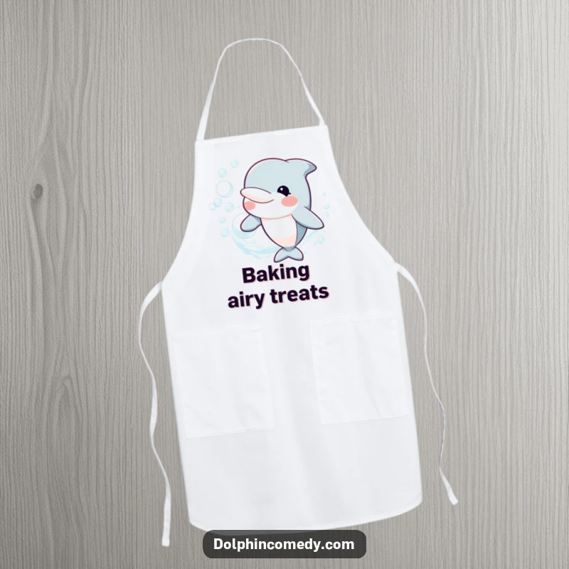 Funny Kitchen Apron depicting a happy dolphin blowing a ring of bubbles, perfect for chefs and home cooks, a humorous funny gift.