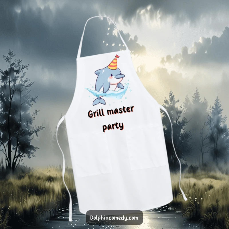 Funny apron with a festive dolphin in a party hat splashing water, perfect for kitchen use.