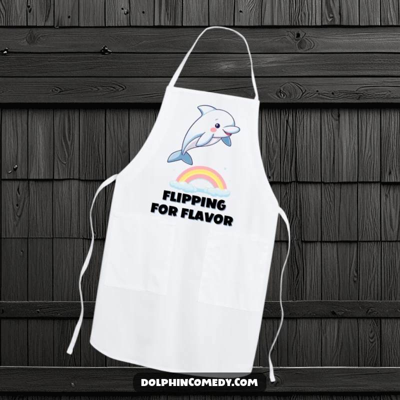 Funny Dolphin Apron: A playful dolphin leaping over a rainbow, a charming and humorous kitchen essential.