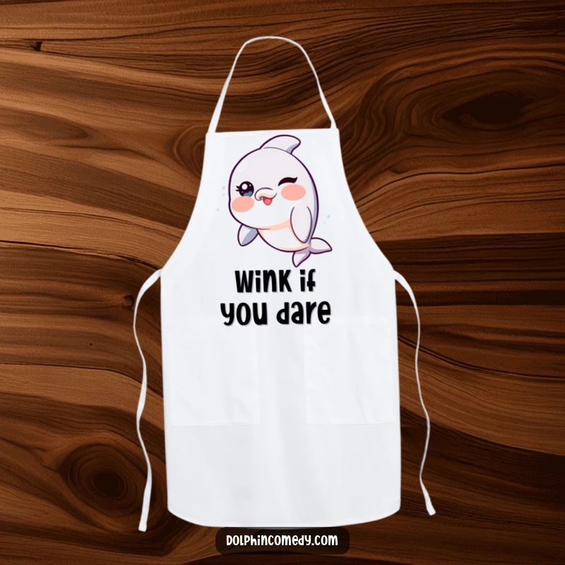 Funny Dolphin Apron with rosy cheeks, playfully winking, perfect for adding humor to cooking and kitchen tasks.