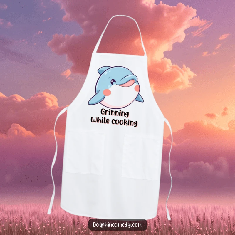 Funny apron featuring a happy dolphin with a wide, joyful smile, ready to bring cheer to any cooking session.