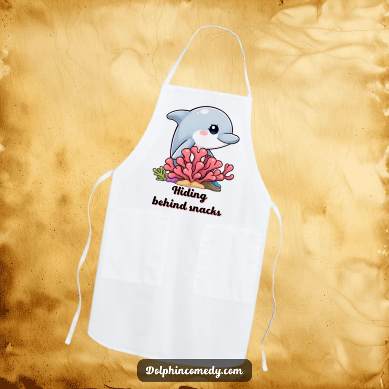 Funny apron featuring a curious dolphin peeking from behind coral, perfect for kitchen use.