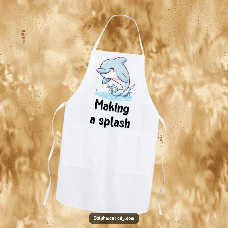 Funny Dolphin Apron depicting a happy marine animal with a wide smile leaping from the water, ideal for ocean-themed kitchens.