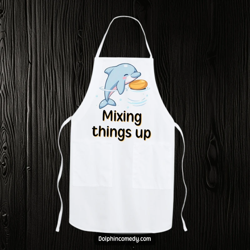 Funny dolphin apron showing a playful dolphin nudging a floating object, designed for kitchen fun and protection.