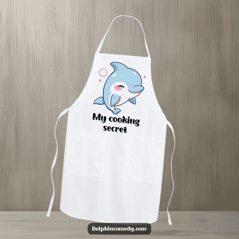 Funny Winking Dolphin Apron showing a winking dolphin blowing a bubble, a humorous and functional kitchen accessory.