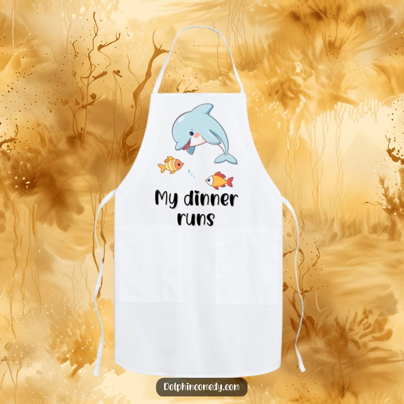 Funny Dolphin Apron showing a dolphin playfully chasing a small fish, a humorous and functional kitchen accessory.