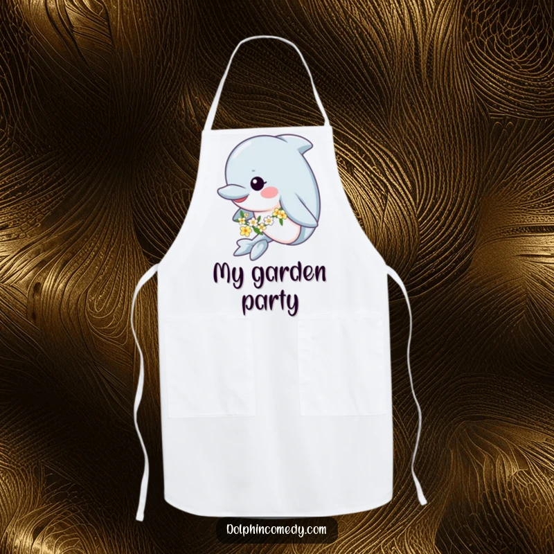 Funny apron showing a happy dolphin swimming with a flower garland, perfect for adding a floral and charming touch to cooking.