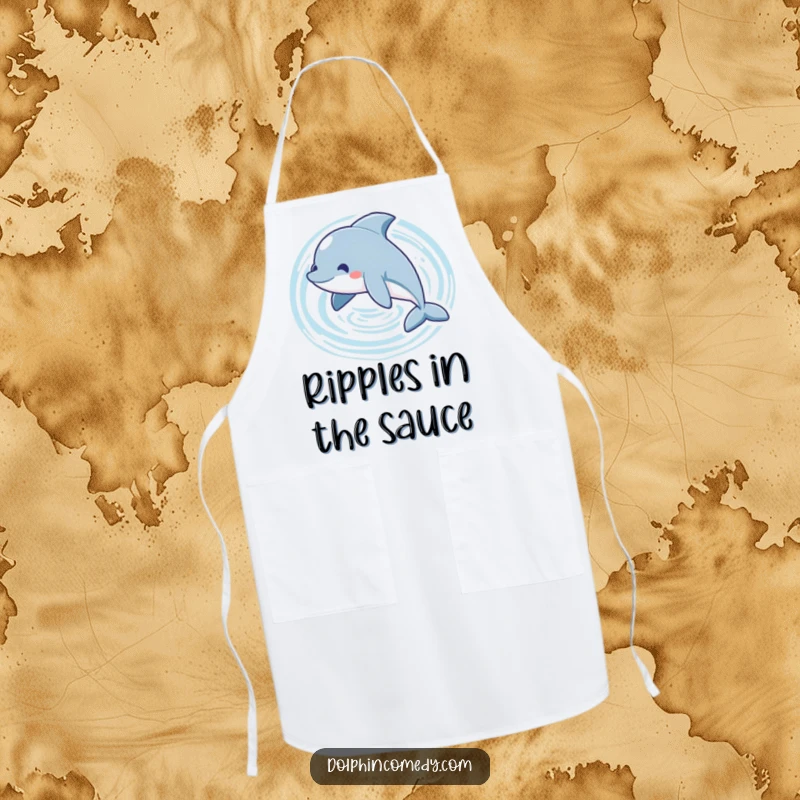Funny playful dolphin apron showing a dolphin swimming in a circle, creating ripples, great for kitchen activities.