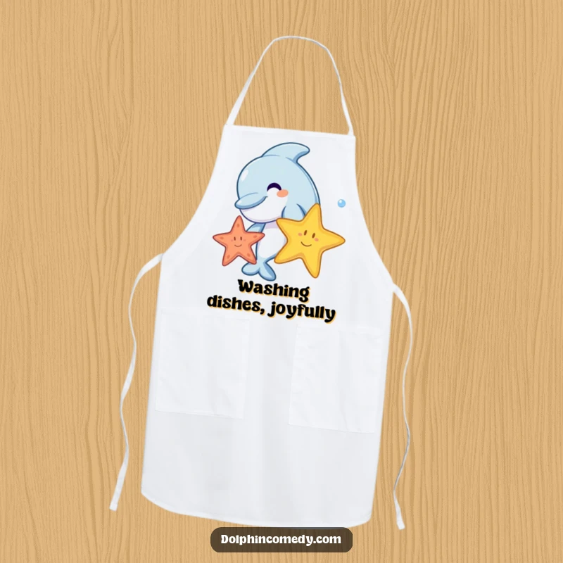 A joyful cartoon dolphin playing with a colorful starfish, depicted on a fun kitchen apron.
