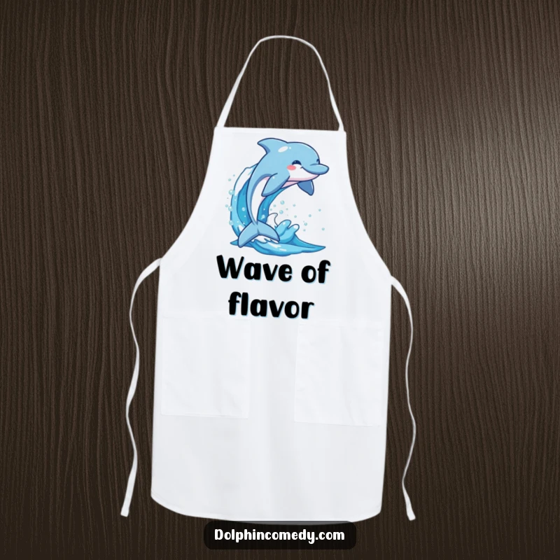 Funny dolphin joyfully leaping out of a sparkling blue wave, a humorous and practical apron for kitchen fun.
