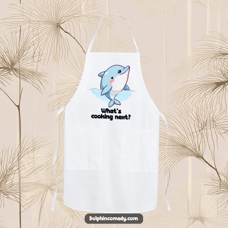 Funny kitchen apron showcasing a curious dolphin looking upwards, perfect for adding a sense of playful discovery to cooking.