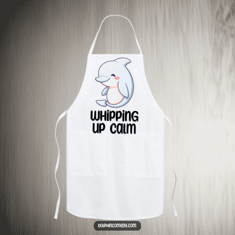 Funny Apron: A happy dolphin with a gentle curve, exuding serenity and peacefulness. Humorous and practical kitchen wear.