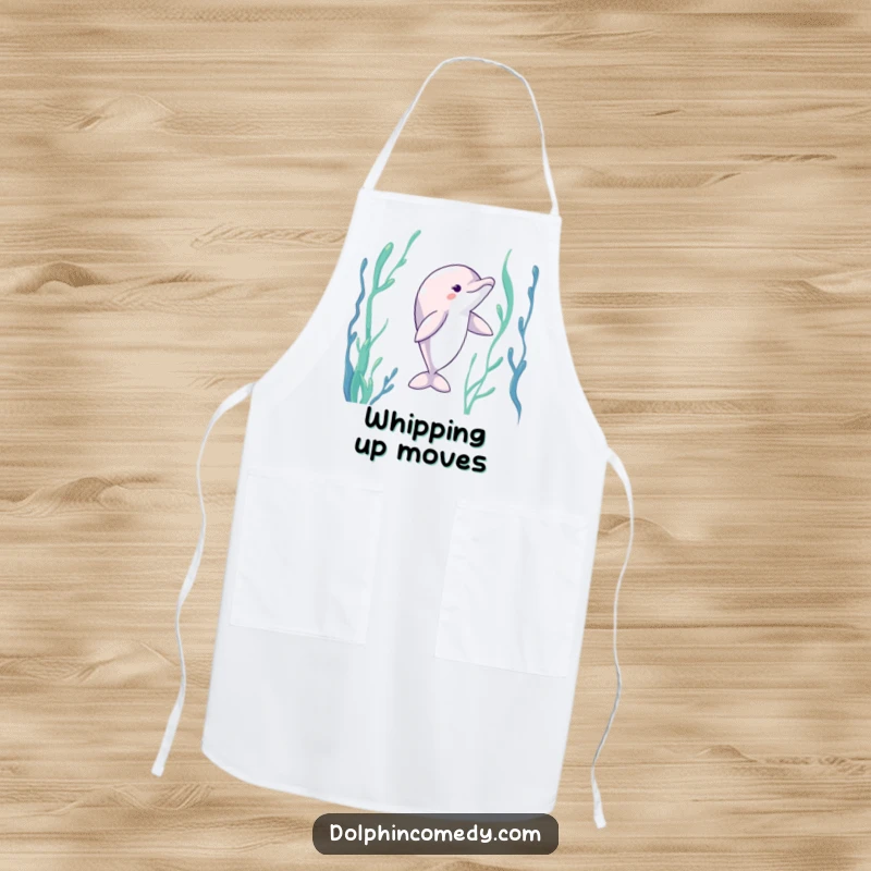 Funny Dolphin Apron: A dolphin with extended fins dancing through kelp, a humorous and stylish kitchen accessory.