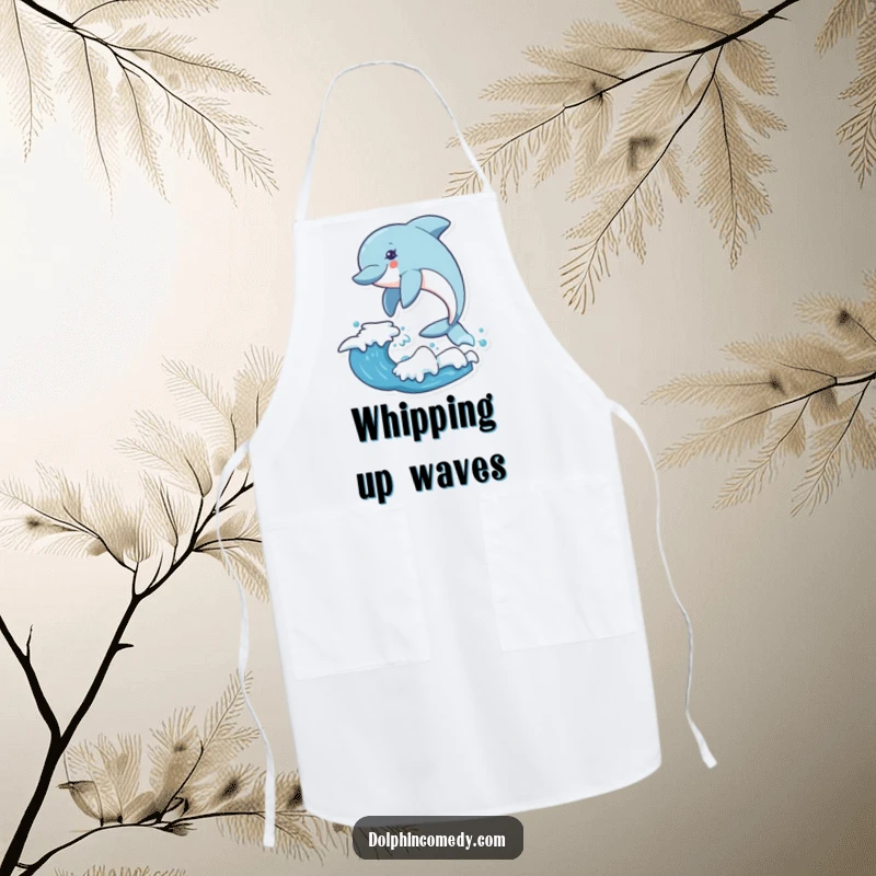 Funny dolphin apron showing an excited dolphin leaping over a wave, designed for kitchen dynamism and humor.