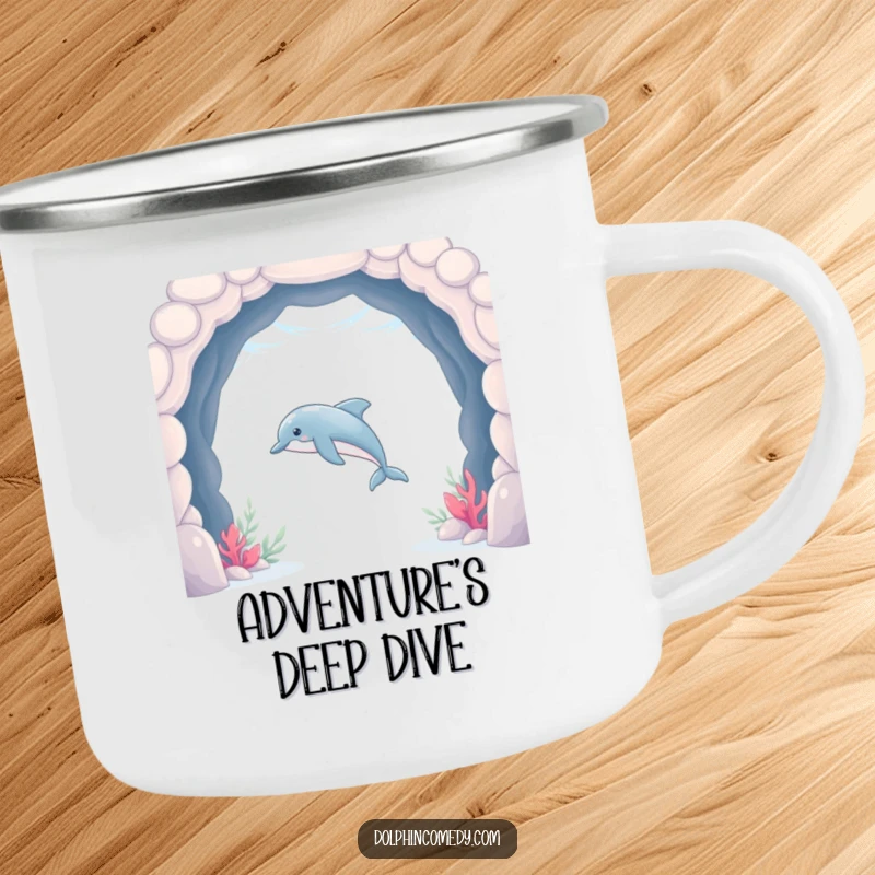 Funny Dolphin Camping Mug showing a sleek dolphin swimming through an underwater archway, durable and humorous for camping.