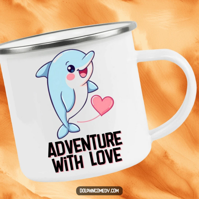 Funny cheerful dolphin with a heart shape trailing behind it, printed on a durable camping mug for outdoor enjoyment.