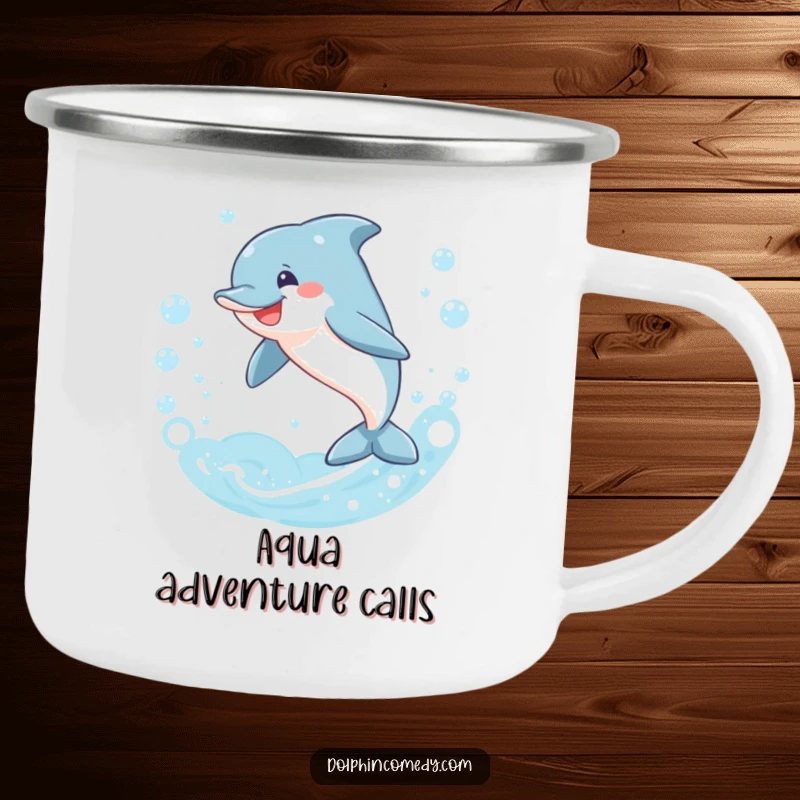 Funny dolphin camping mug, smiling and leaping through a ring of bubbles, perfect outdoor funny gift.