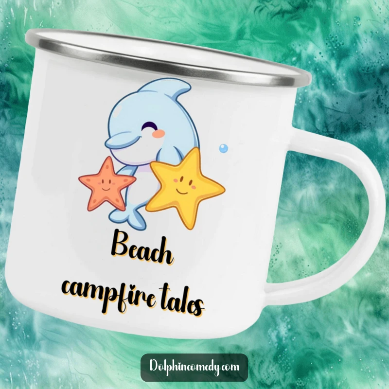 A joyful cartoon dolphin playing with a starfish, in an outdoor setting, on a camping mug.