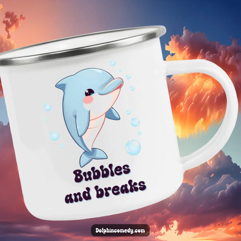 Funny dolphin camping mug showing a happy dolphin with a playful gaze, chasing a trail of bubbles during an outdoor adventure.