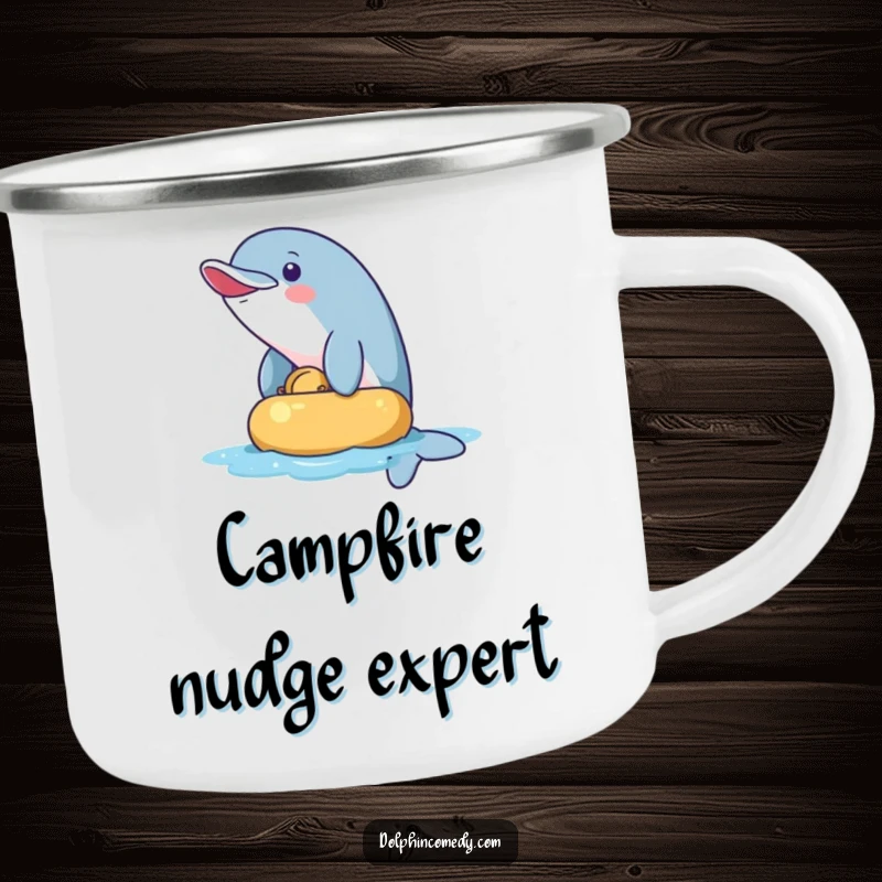 Funny Camping Mug: A mischievous dolphin playfully nudging an object. Rugged and humorous for outdoor enthusiasts with a playful side.