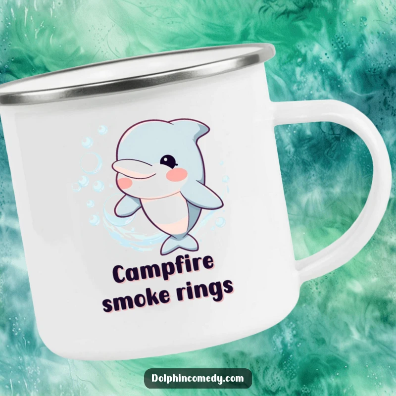 Funny Enamel Camping Mug featuring a happy dolphin blowing a ring of bubbles, durable for outdoor use, an excellent funny gift for adventurers.