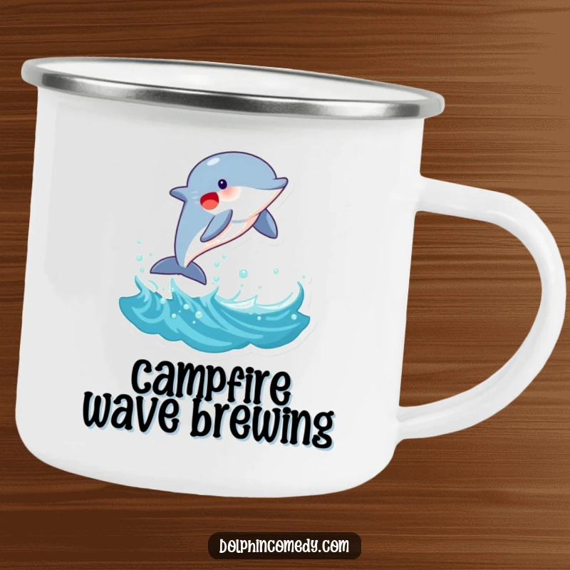 Funny Dolphin Camping Mug: A joyful dolphin leaping from a wave, perfect for outdoor beverages with marine-inspired humor, a funny gift.