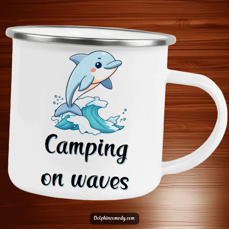 Funny Camping Mug: A durable mug showing an excited dolphin riding a wave, perfect for outdoor humor and drinks.