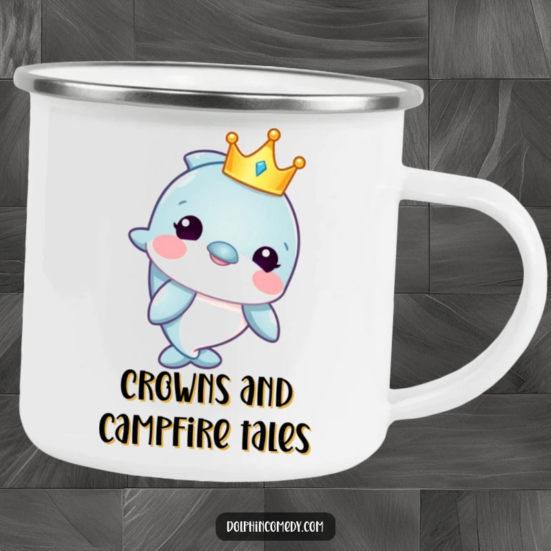 Funny camping mug featuring a dolphin with a crown, perfect for outdoor adventures and carrying a touch of regal humor.